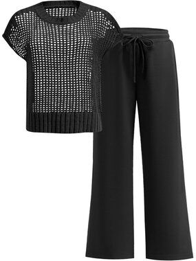 🆕Women Black Two Piece Outfits Crochet Sheer Knit Sweater Top Wide Leg Pants
